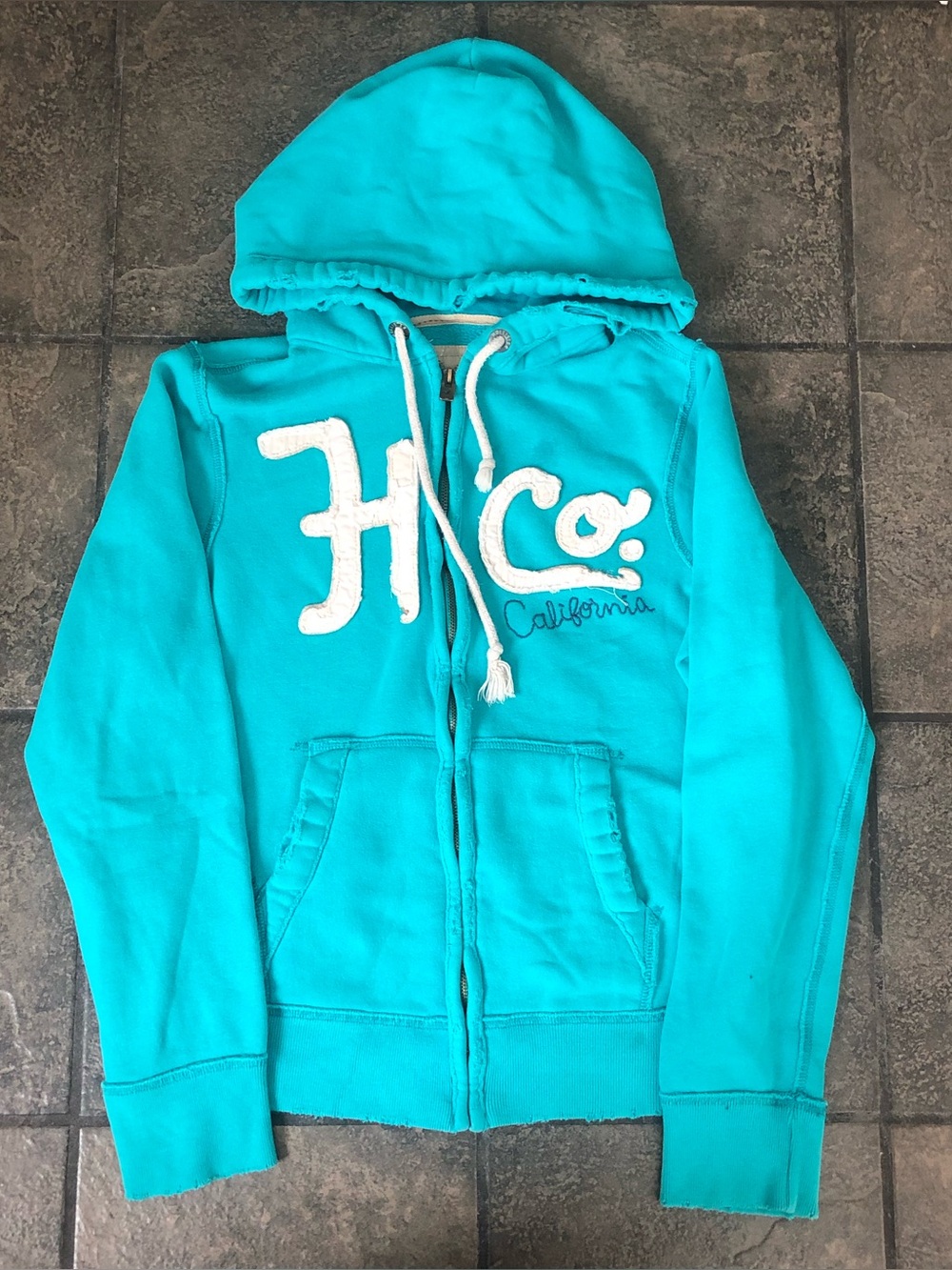Vintage Y2K Hollister California Zip Up Hoodie Size Mens Small Teal Patched